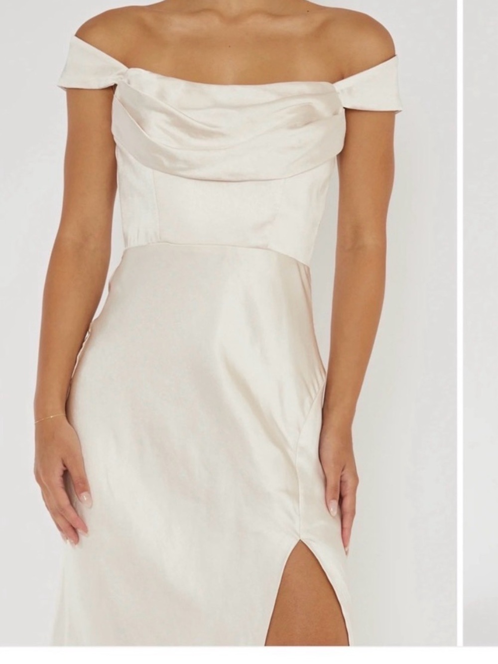 Selfie Leslie Cream Off-Shoulder Satin Dress with Front Slit